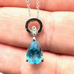 Womens Necklace 14K White Gold Blue Topaz Diamond Pendant 18 Inch Chain